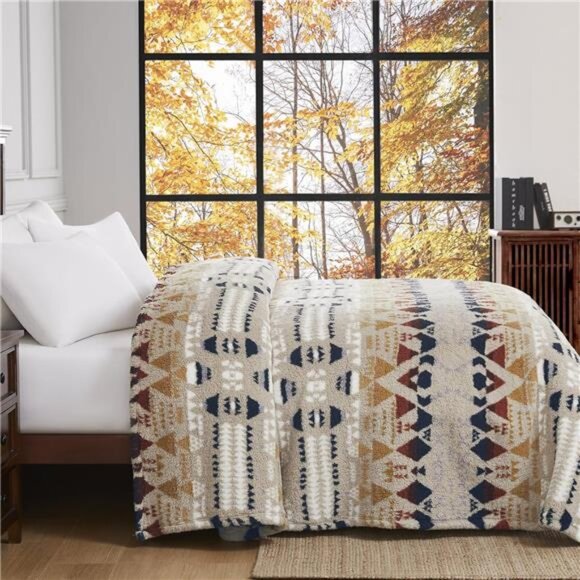 Boho Sherpa Throw Blanket Aztec Khaki Tan Ultra Soft Warm Cozy Plush Fleece NEW - Picture 2 of 5